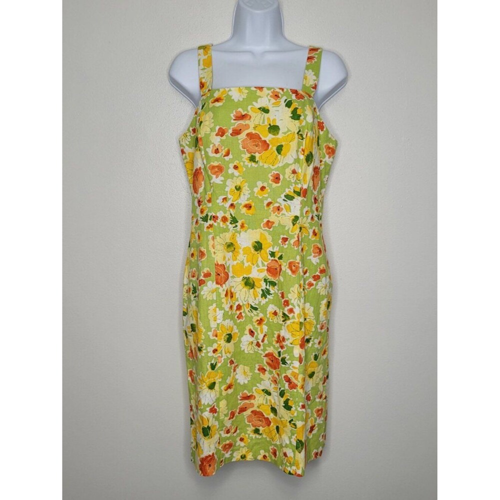Vintage Dressbarn linen blend flower print green cute brunch dress size 8